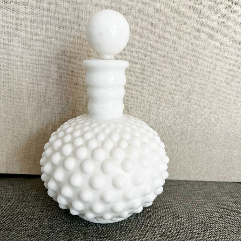Vintage Anchor Hocking Hobnail Milk Glass Perfume Bottle with Lid
